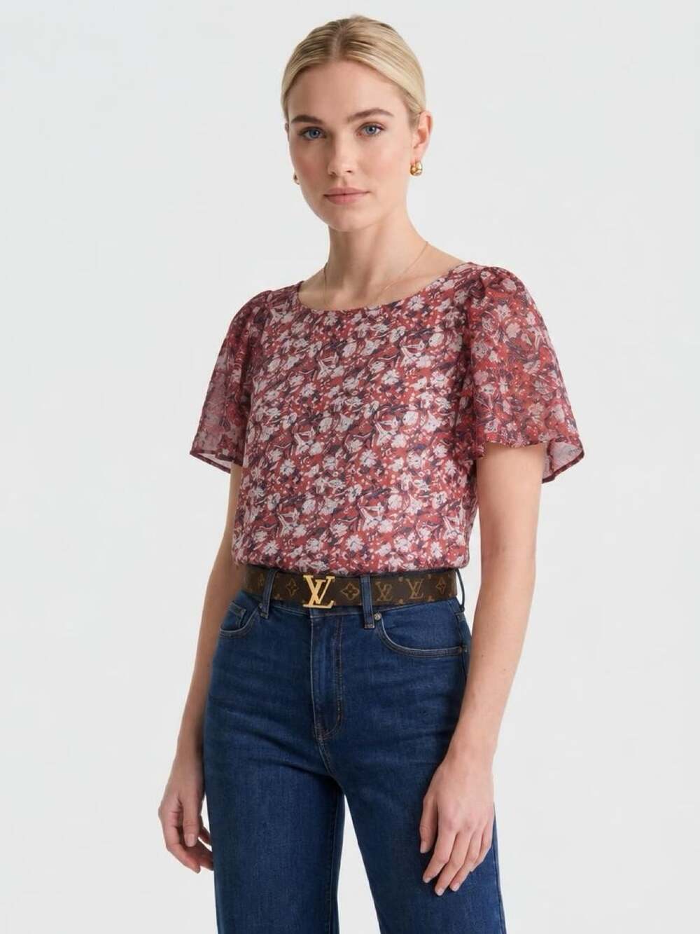 Lucky Brand Floral Flutter Sleeve Top Size S/P Red Open Back